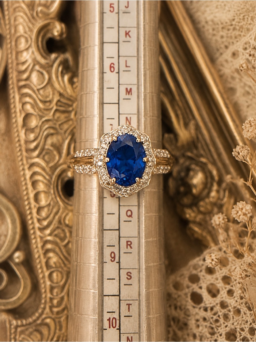 MACY’S • Gold 925 Vermeil Halo Crystal Sapphire Estate Ring - Picture 6 of 9